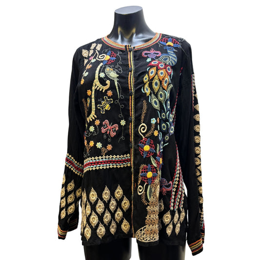 NWT Johnny Was Embroidered Blouse Black Multi Size M