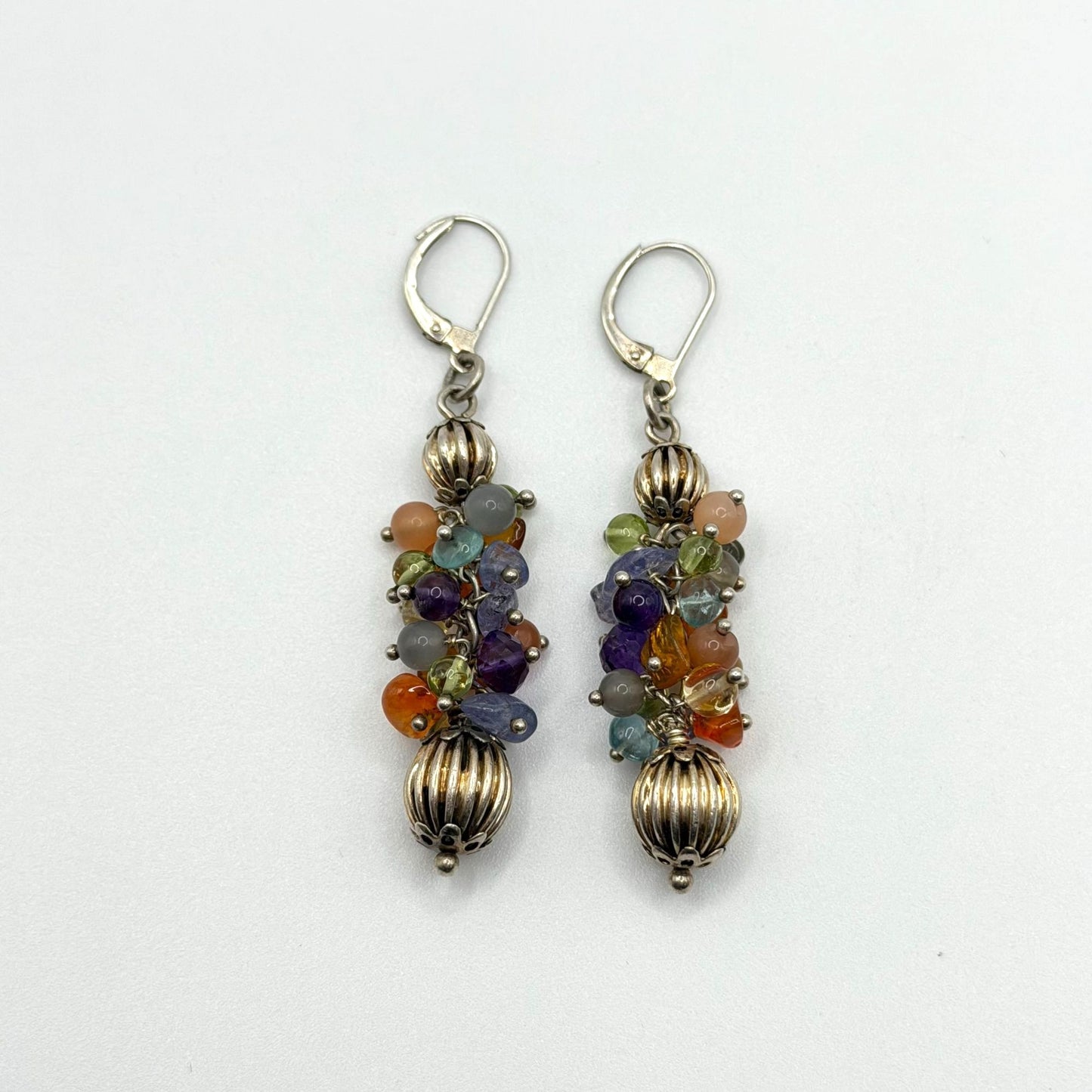 925 Sterling Silver Leverback Earrings With Multicolor Gemstone Beads