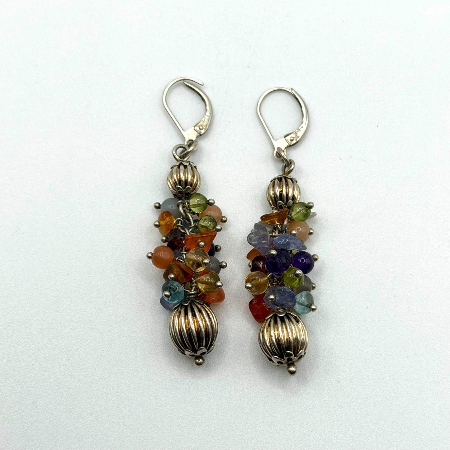 925 Sterling Silver Leverback Earrings With Multicolor Gemstone Beads