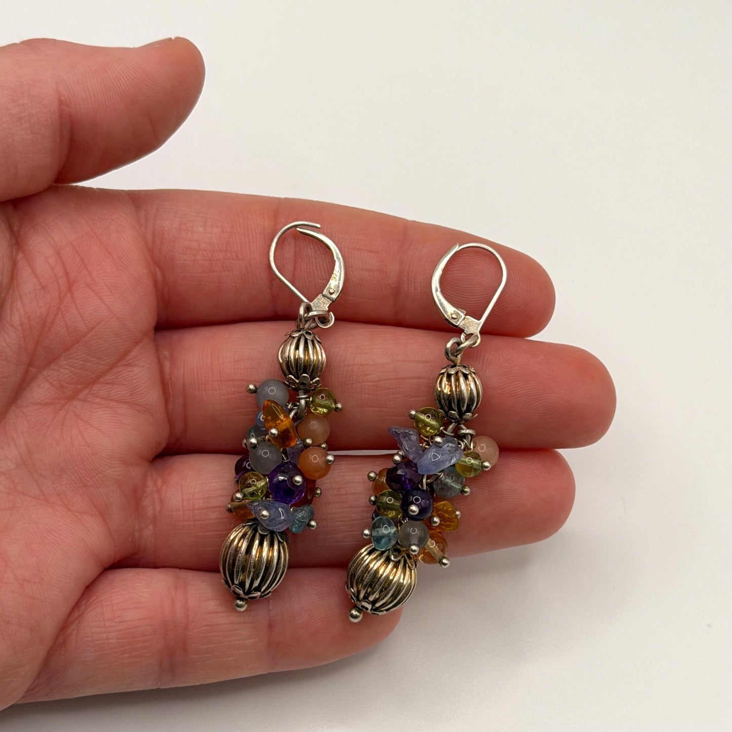 925 Sterling Silver Leverback Earrings With Multicolor Gemstone Beads