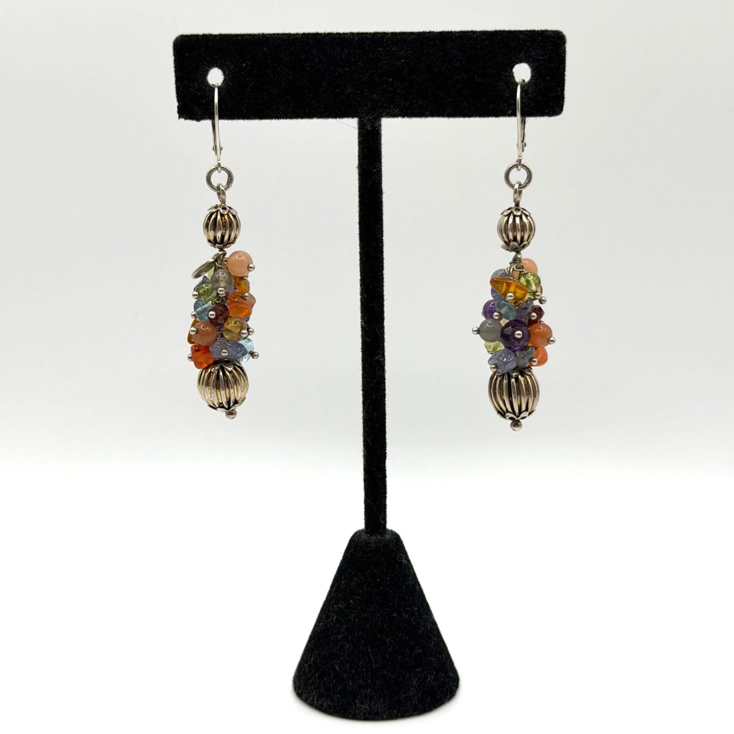 925 Sterling Silver Leverback Earrings With Multicolor Gemstone Beads