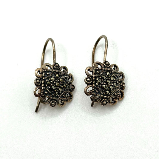 Sterling Silver 925 Marcasite Dangle Filigree Earrings Antiqued Finish