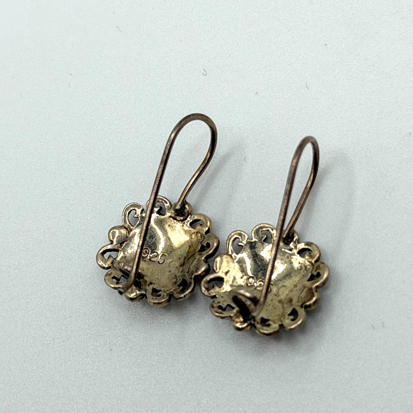 Sterling Silver 925 Marcasite Dangle Filigree Earrings Antiqued Finish