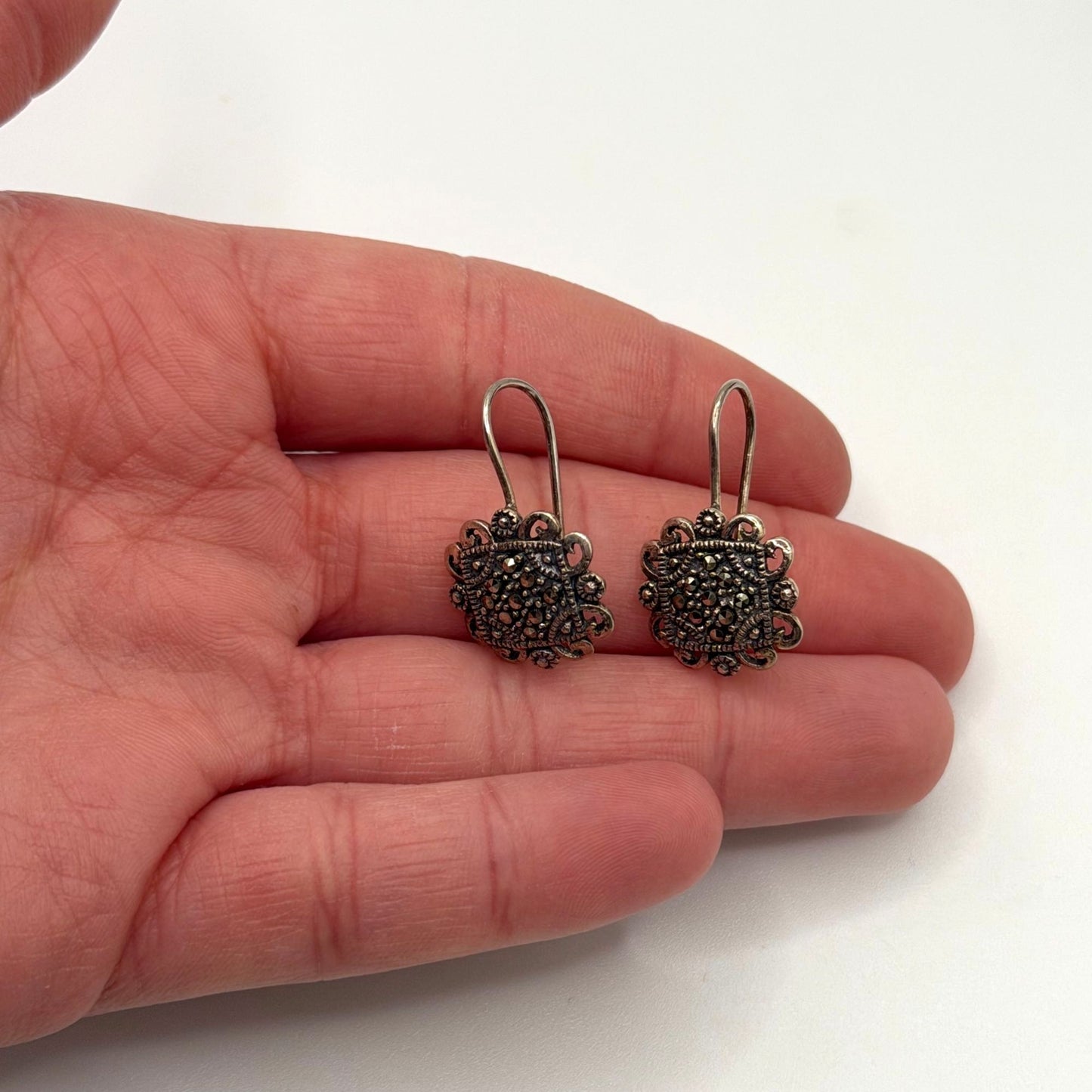 Sterling Silver 925 Marcasite Dangle Filigree Earrings Antiqued Finish