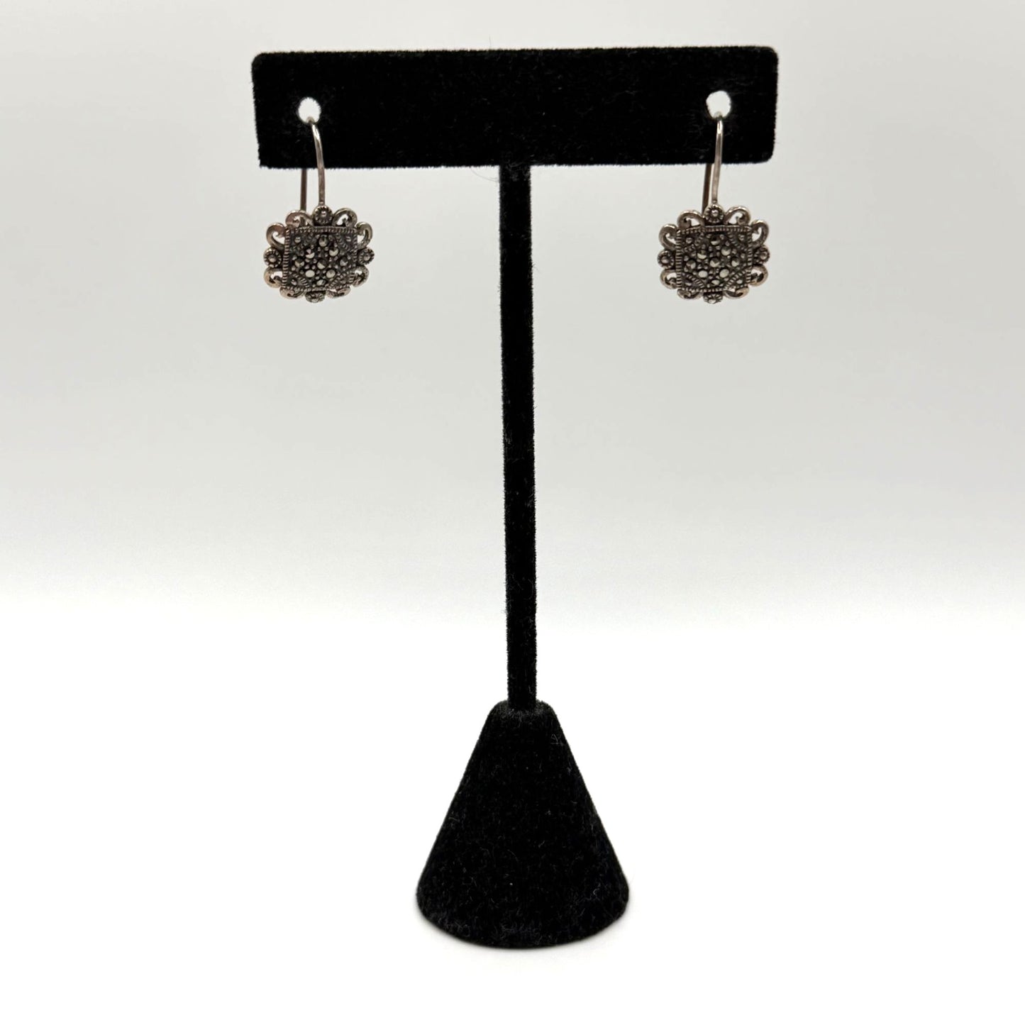 Sterling Silver 925 Marcasite Dangle Filigree Earrings Antiqued Finish