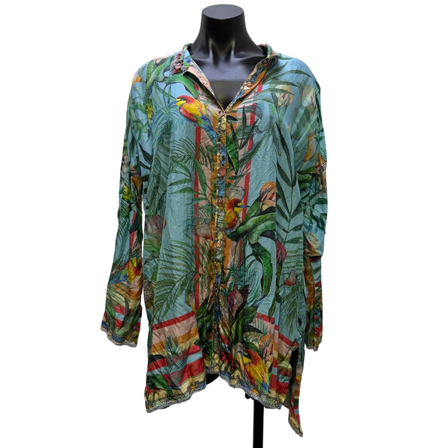 Johnny Was Blue Multi Tropical Print Long Sleeve Button-Up Blouse M