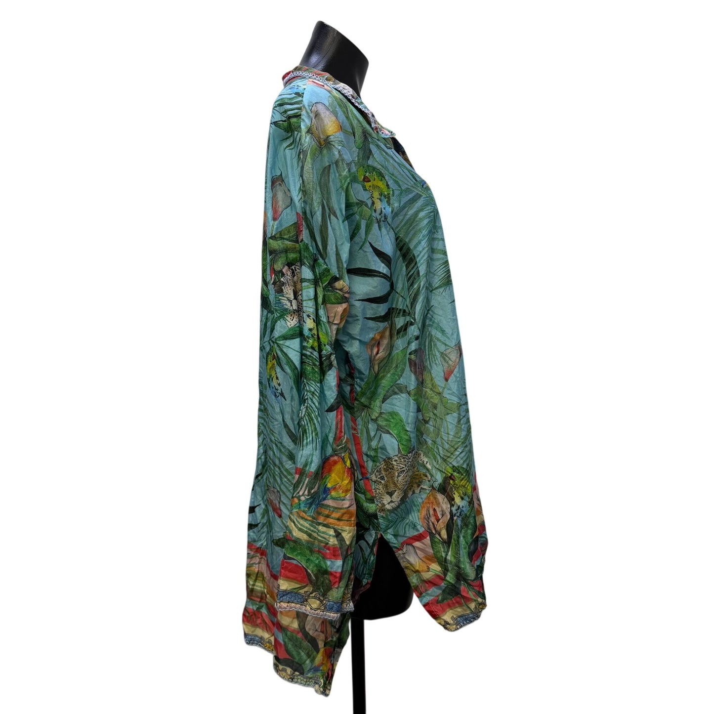 Johnny Was Blue Multi Tropical Print Long Sleeve Button-Up Blouse M