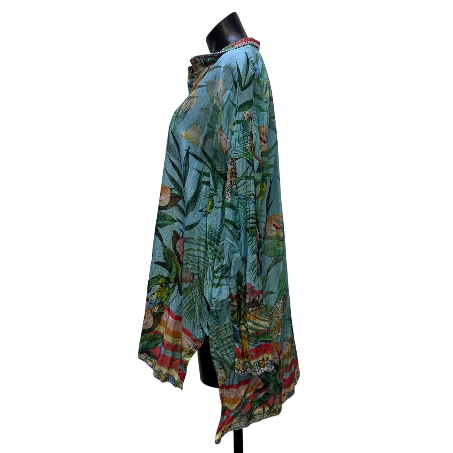 Johnny Was Blue Multi Tropical Print Long Sleeve Button-Up Blouse M