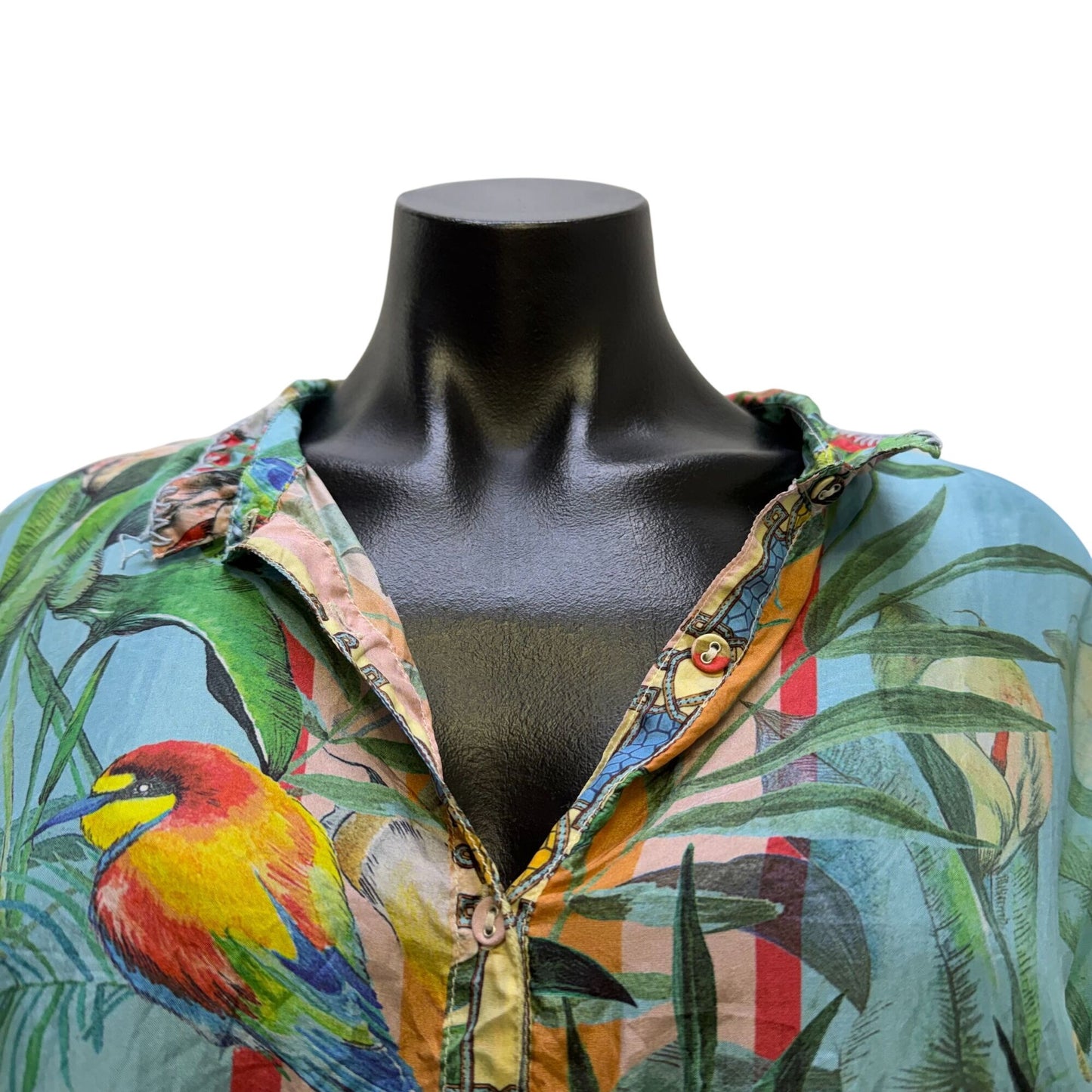 Johnny Was Blue Multi Tropical Print Long Sleeve Button-Up Blouse M