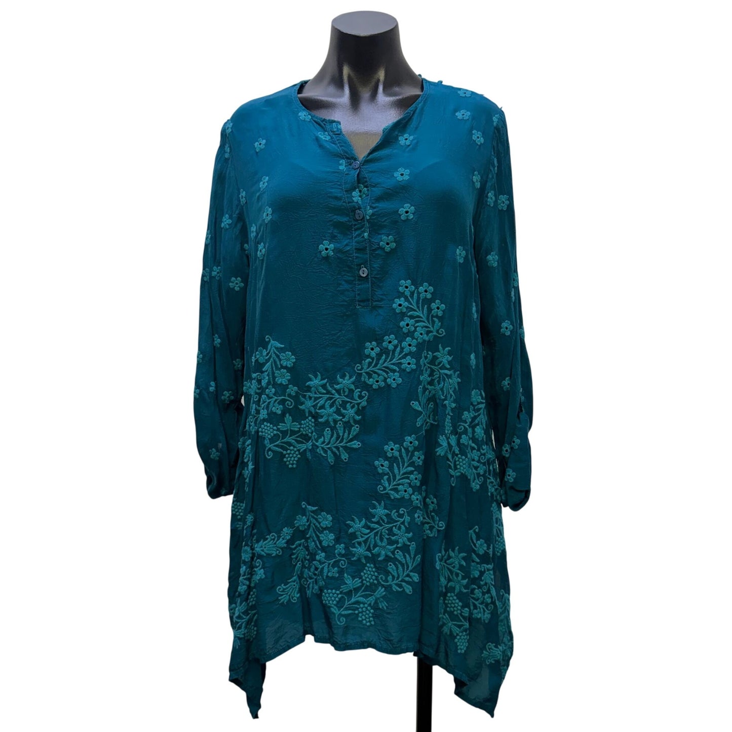 Johnny Was Embroidered Teal Button-Up Blouse Floral Design M