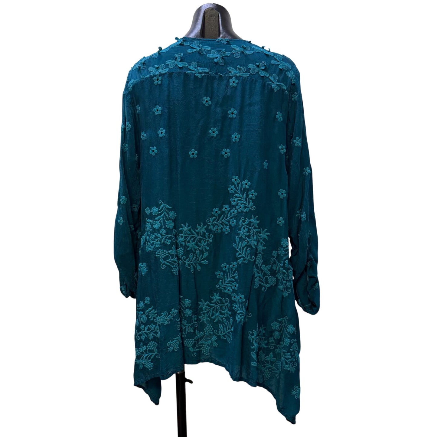 Johnny Was Embroidered Teal Button-Up Blouse Floral Design M