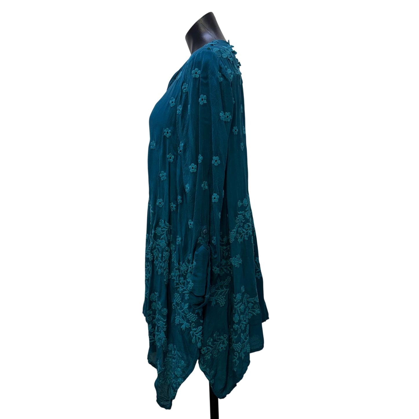Johnny Was Embroidered Teal Button-Up Blouse Floral Design M