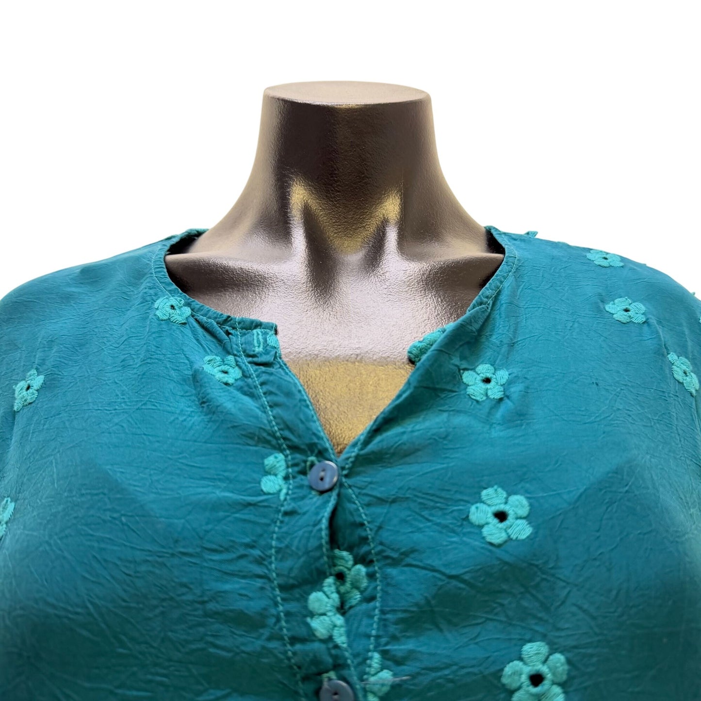 Johnny Was Embroidered Teal Button-Up Blouse Floral Design M