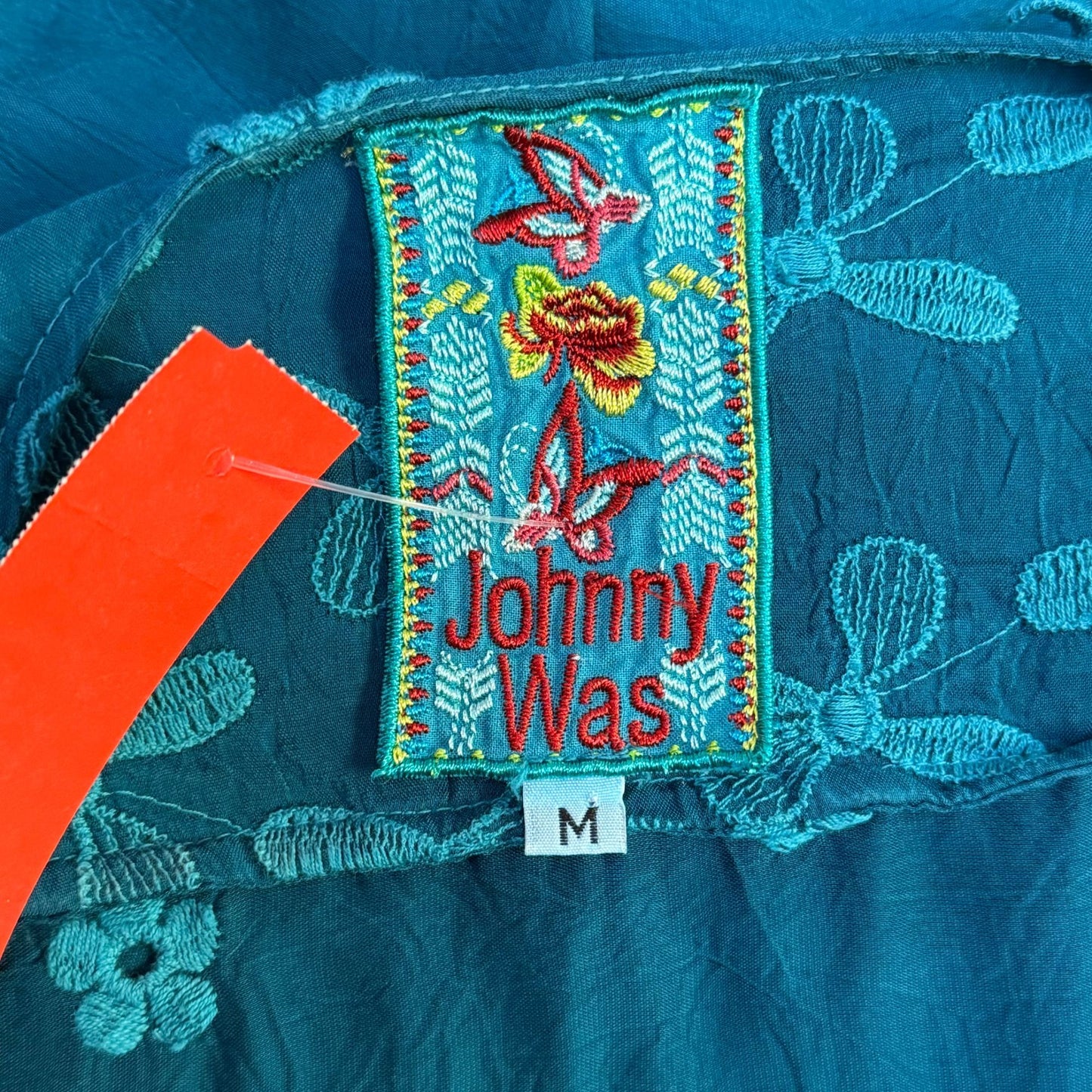 Johnny Was Embroidered Teal Button-Up Blouse Floral Design M