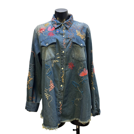Johnny Was Embroidered Denim Blouse Blue XL