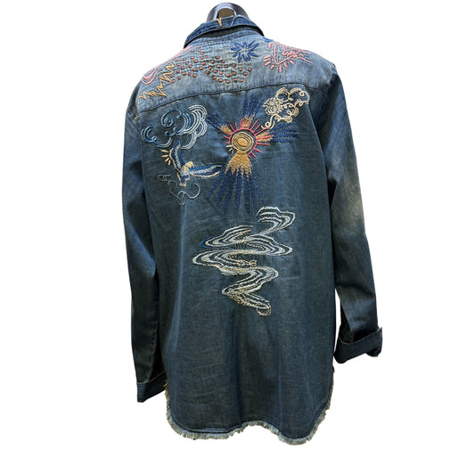 Johnny Was Embroidered Denim Blouse Blue XL