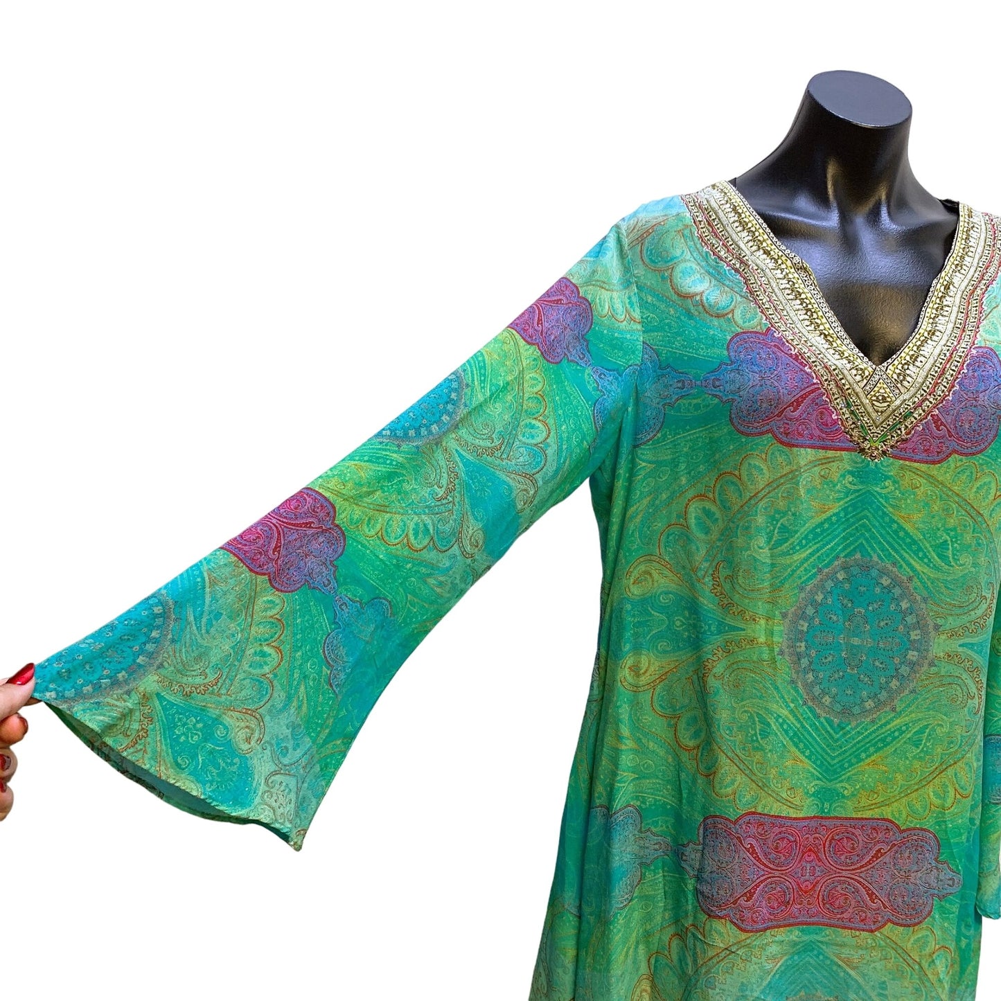 Camilla Multi Colored Embellished Silk Tunic Blouse Medium/Large