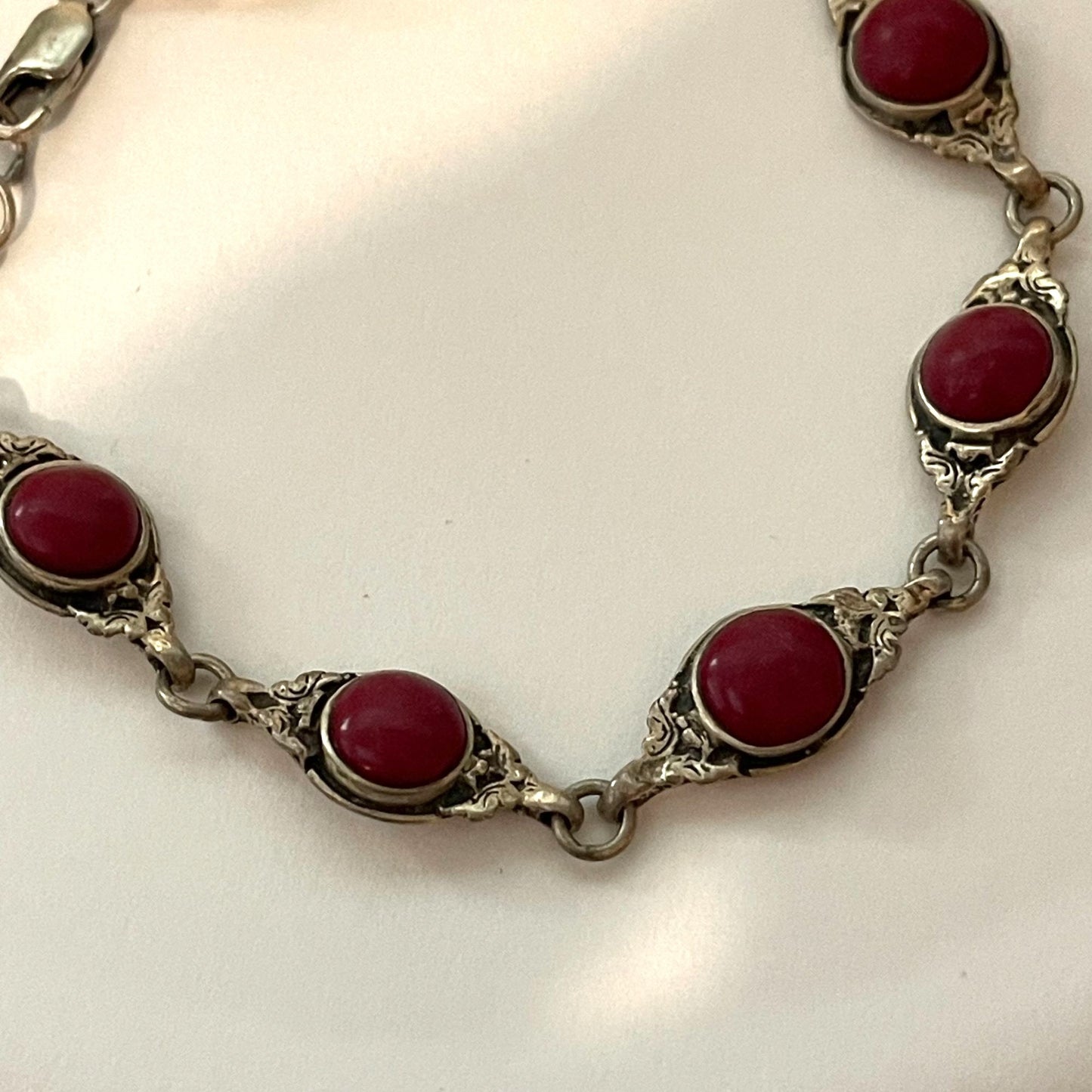 .925 Silver Red Stones Link Bracelet Medium