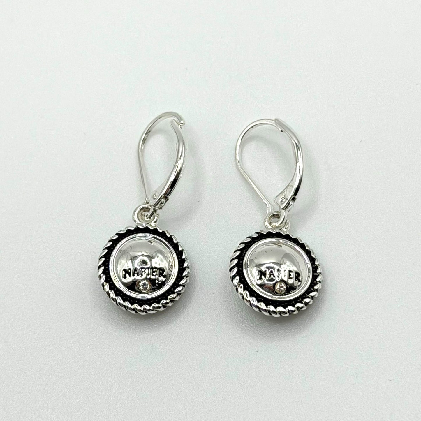 Silver Tone Napier Tonal Round Drop Earrings With Blue Crystal Accents