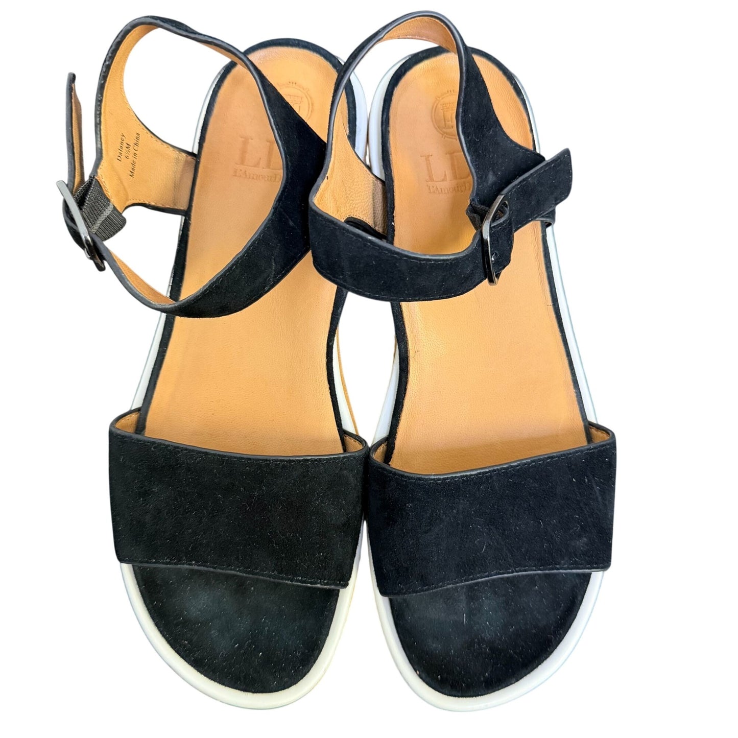 New L'Amour Des Pieds Platform Sandals Black Suede Adjustable Strap 6.5