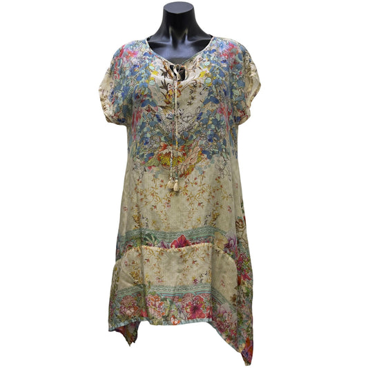 Johnny Was Silk Floral Tunic Dress Multicolor Handkerchief Hem Size S