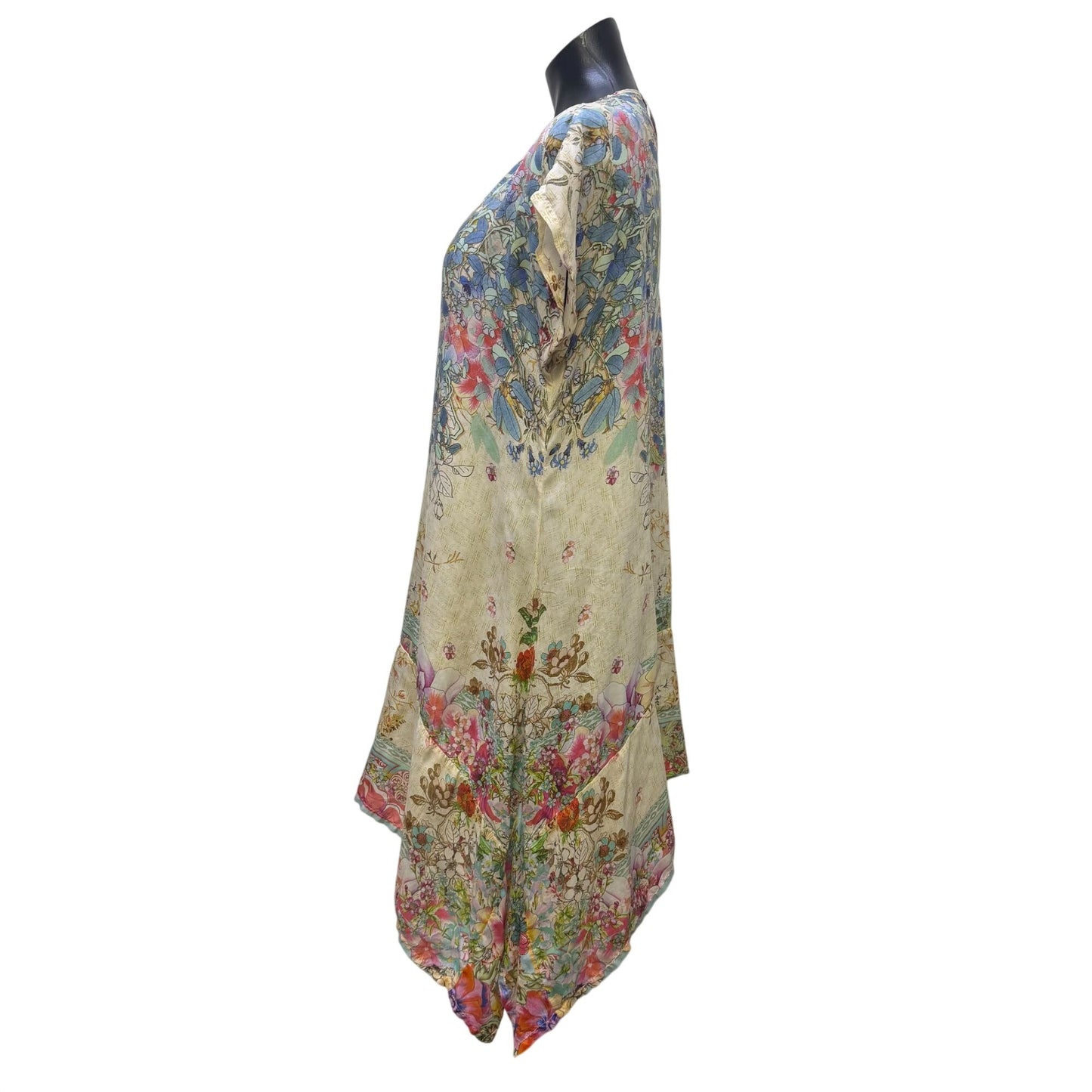 Johnny Was Silk Floral Tunic Dress Multicolor Handkerchief Hem Size S
