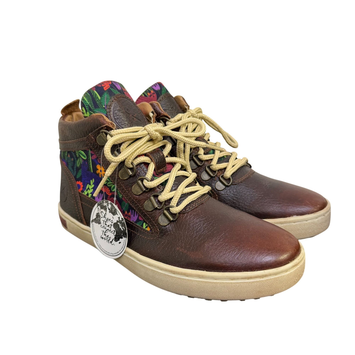 NWT Inkkas Brown Leather & Floral Print High-Top Sneakers Size 7