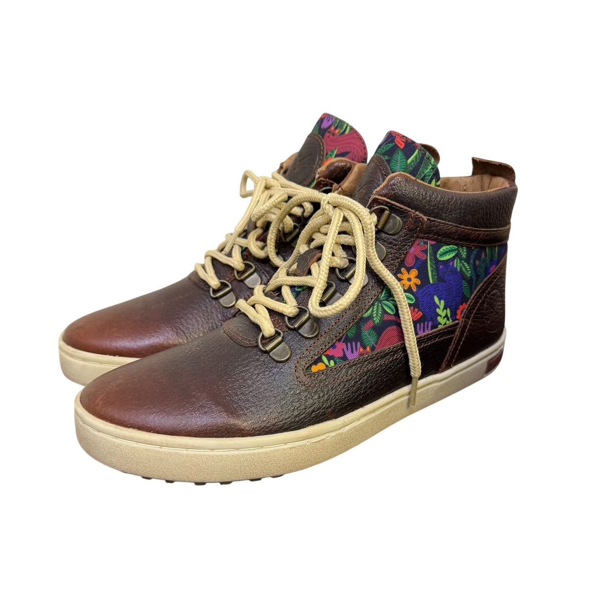 NWT Inkkas Brown Leather & Floral Print High-Top Sneakers Size 7