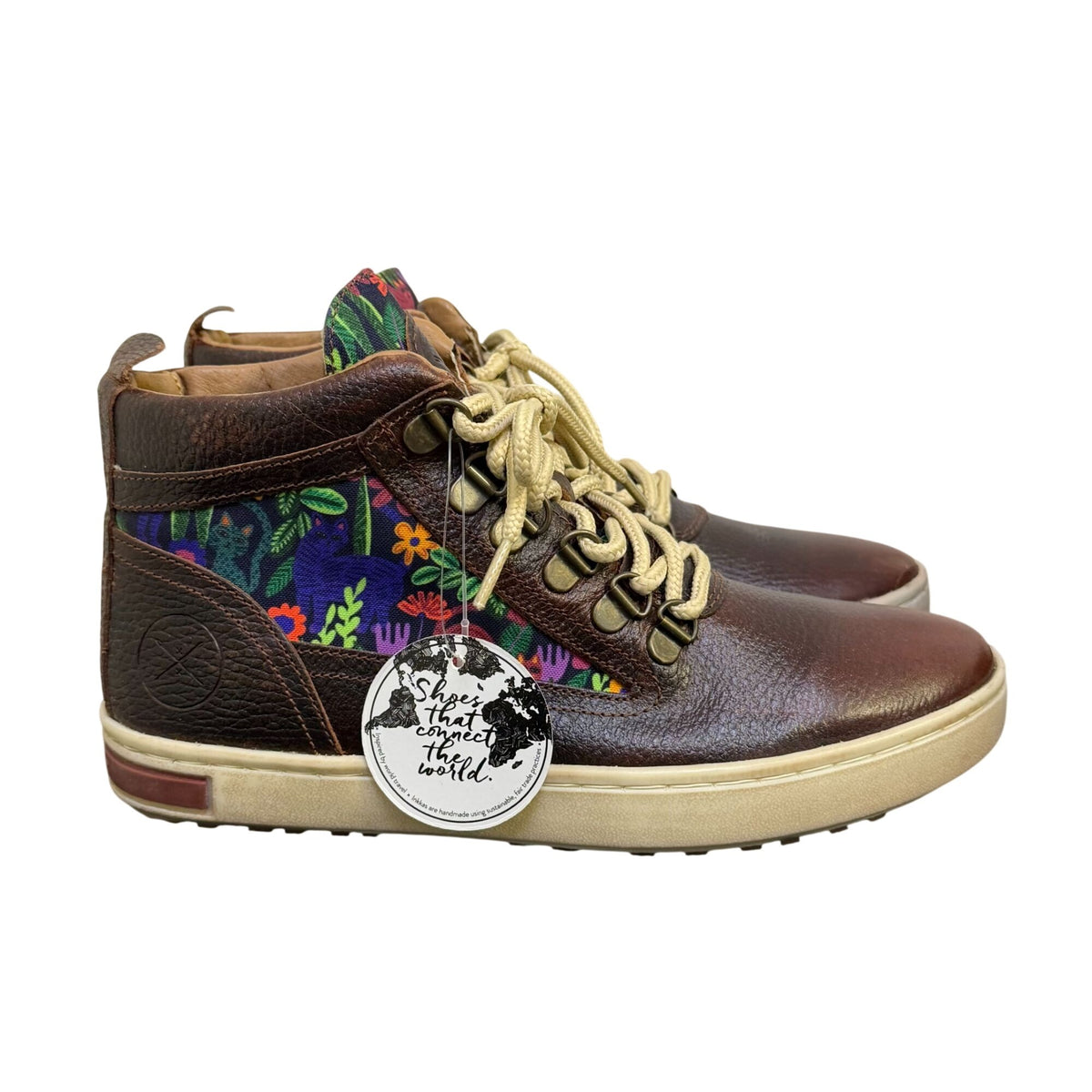 NWT Inkkas Brown Leather & Floral Print High-Top Sneakers Size 7