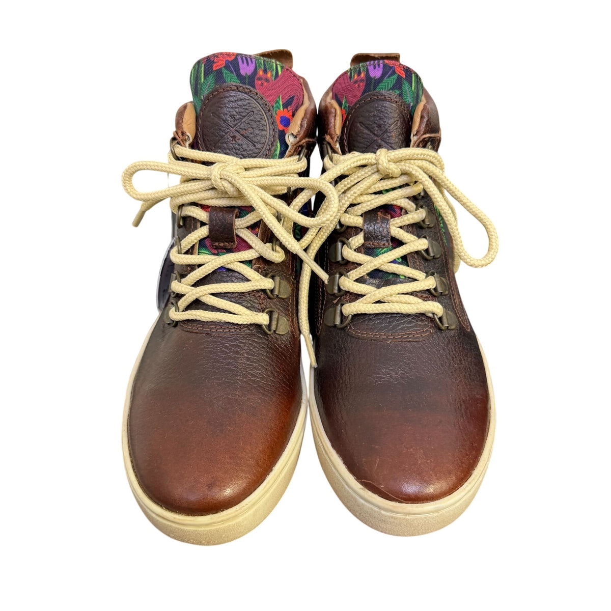 NWT Inkkas Brown Leather & Floral Print High-Top Sneakers Size 7
