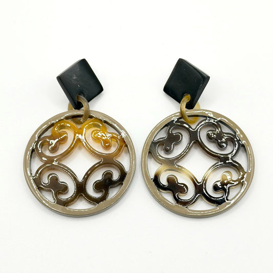 Round Resin Drop Earrings With Black & Brown Geometric Post