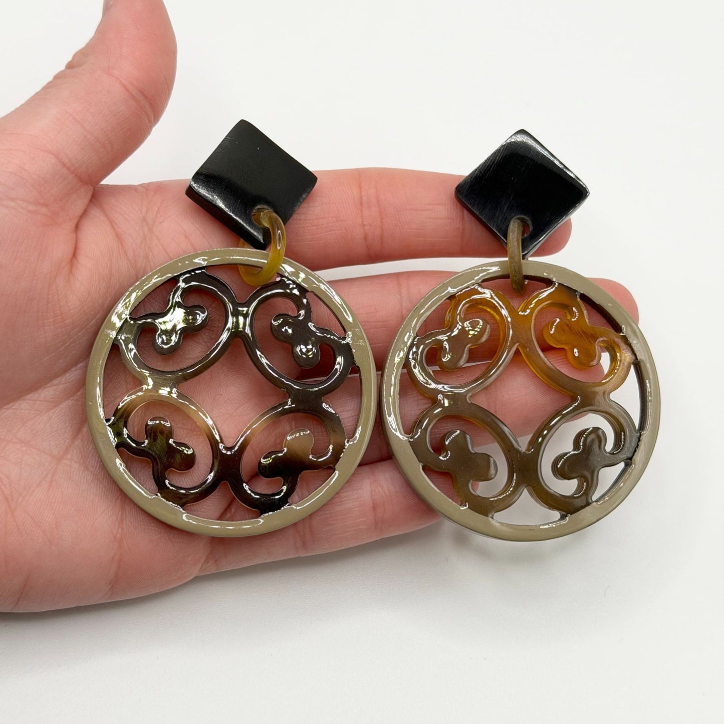Round Resin Drop Earrings With Black & Brown Geometric Post