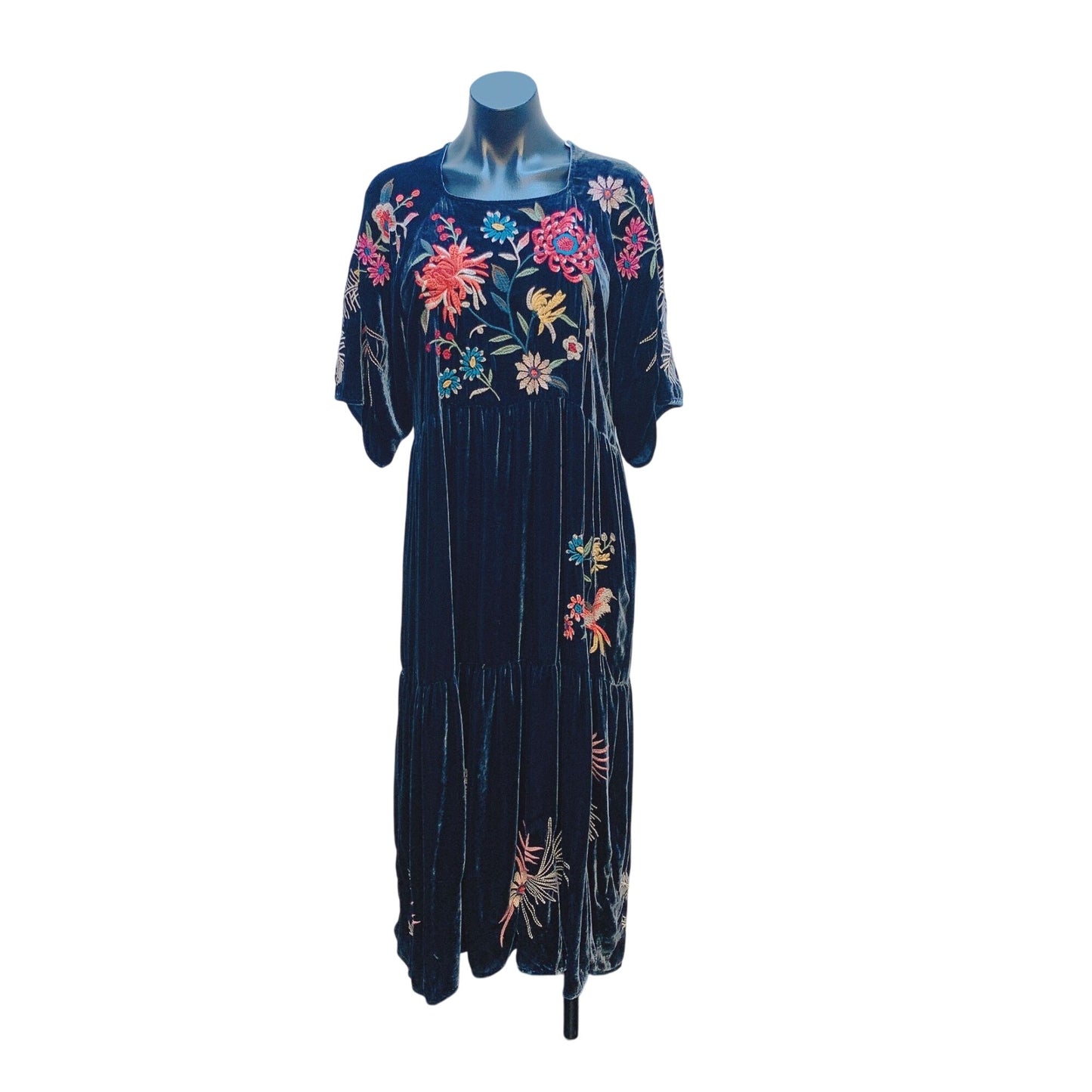 Johnny Was Large Black Velvet Floral Embroidered Maxi Dress