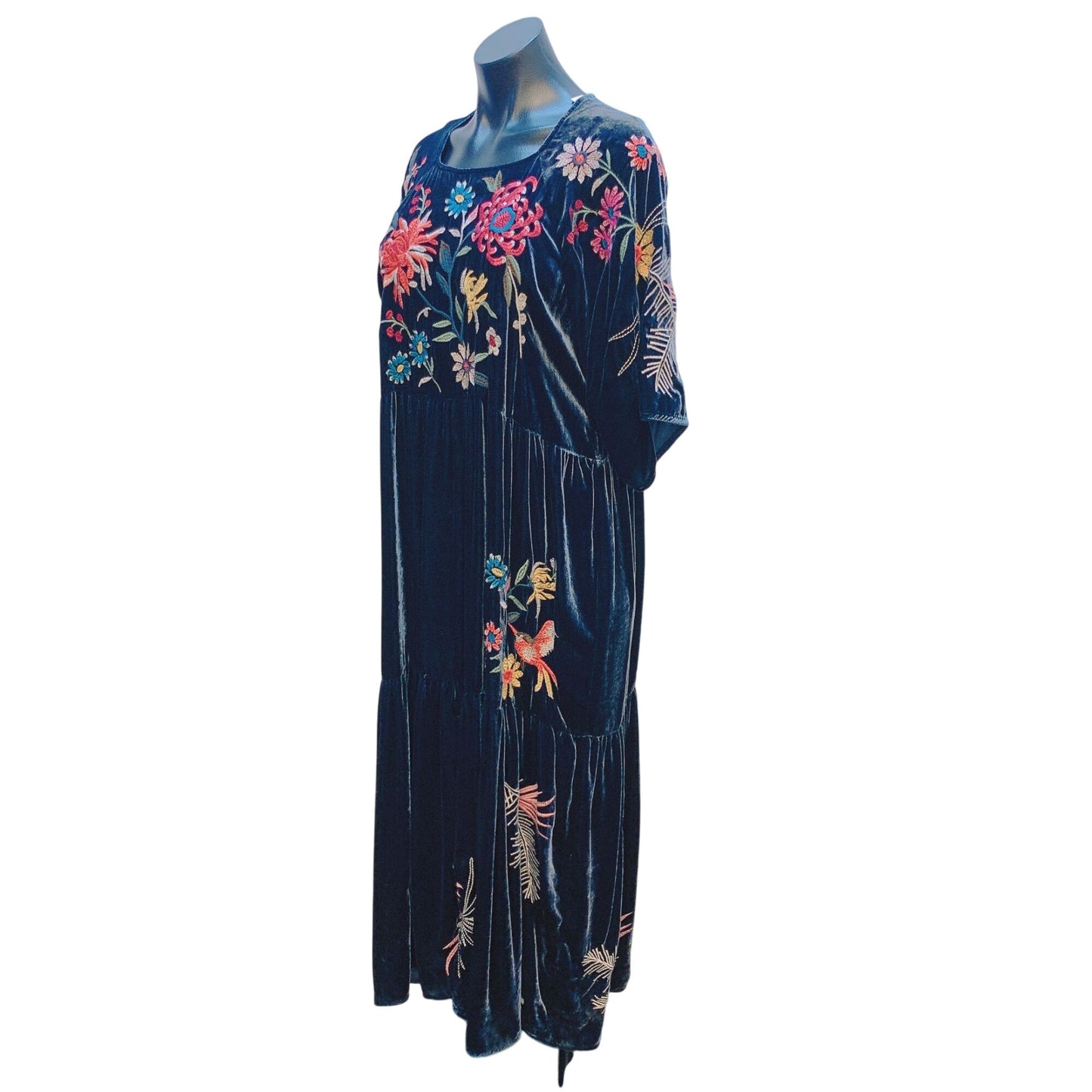 Johnny Was Large Black Velvet Floral Embroidered Maxi Dress