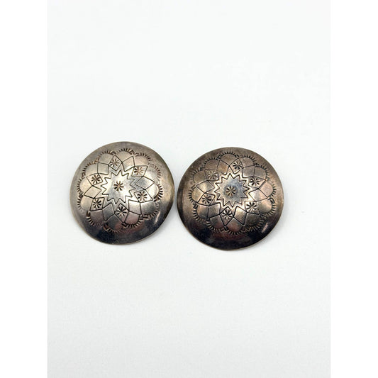 Vintage Navajo Native Sterling Silver Clip-On Earrings Intricate Stamped Floral Design