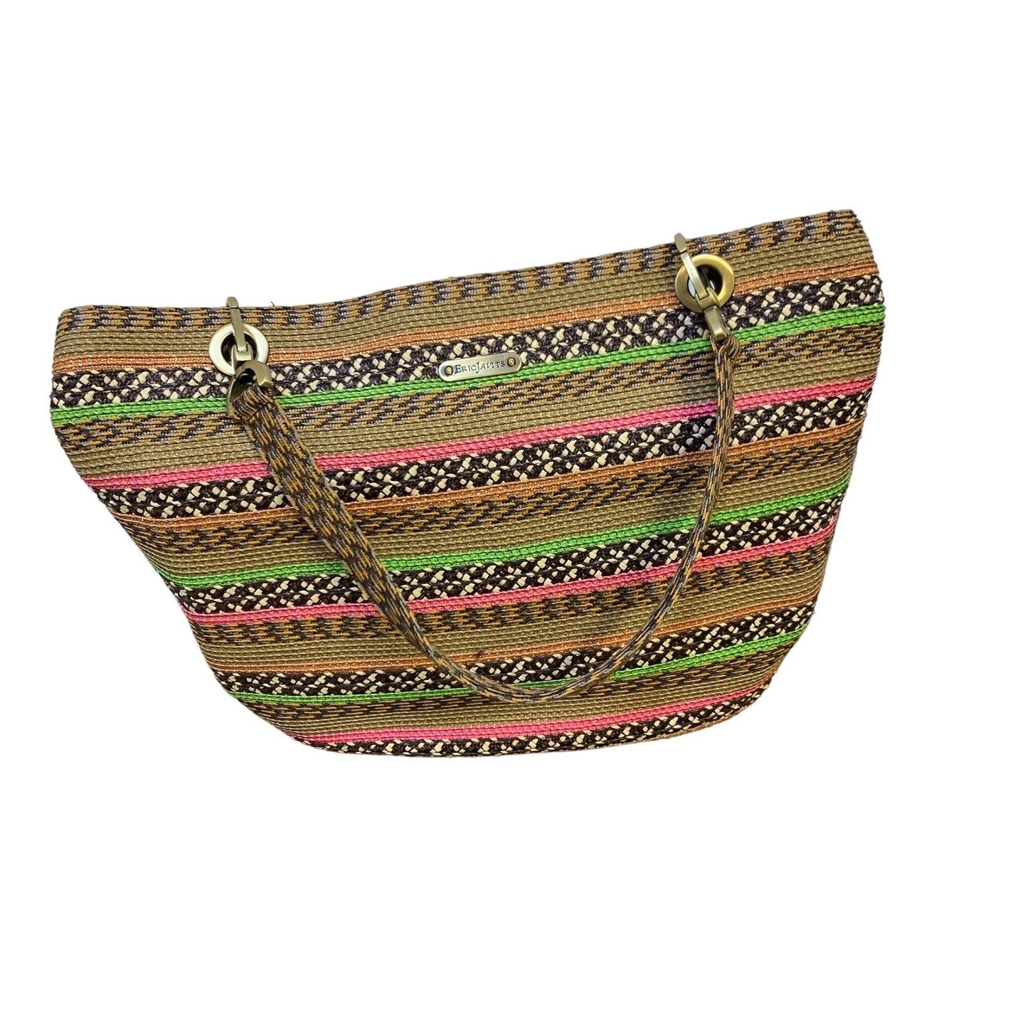 Eric Javits Brown W/Green & Pink Stripes Lined Straw Handbag