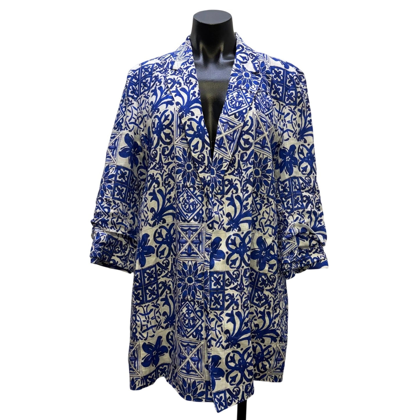 Boho Chic Blue & White Floral Linen Jacket L
