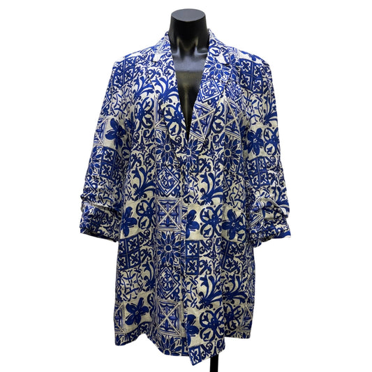Boho Chic Blue & White Floral Linen Jacket L