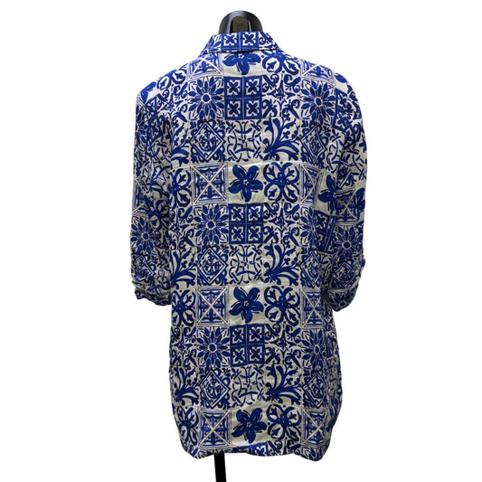 Boho Chic Blue & White Floral Linen Jacket L