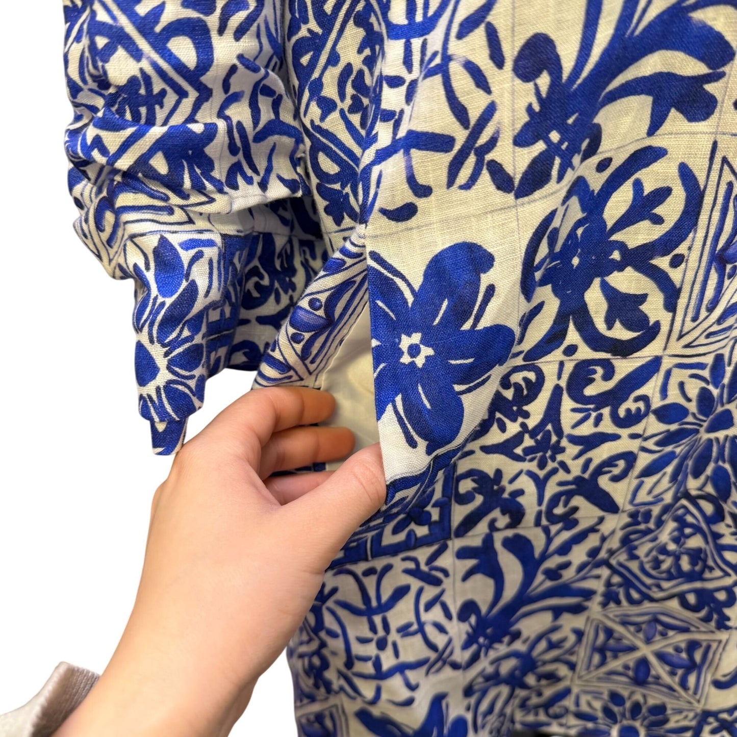 Boho Chic Blue & White Floral Linen Jacket L