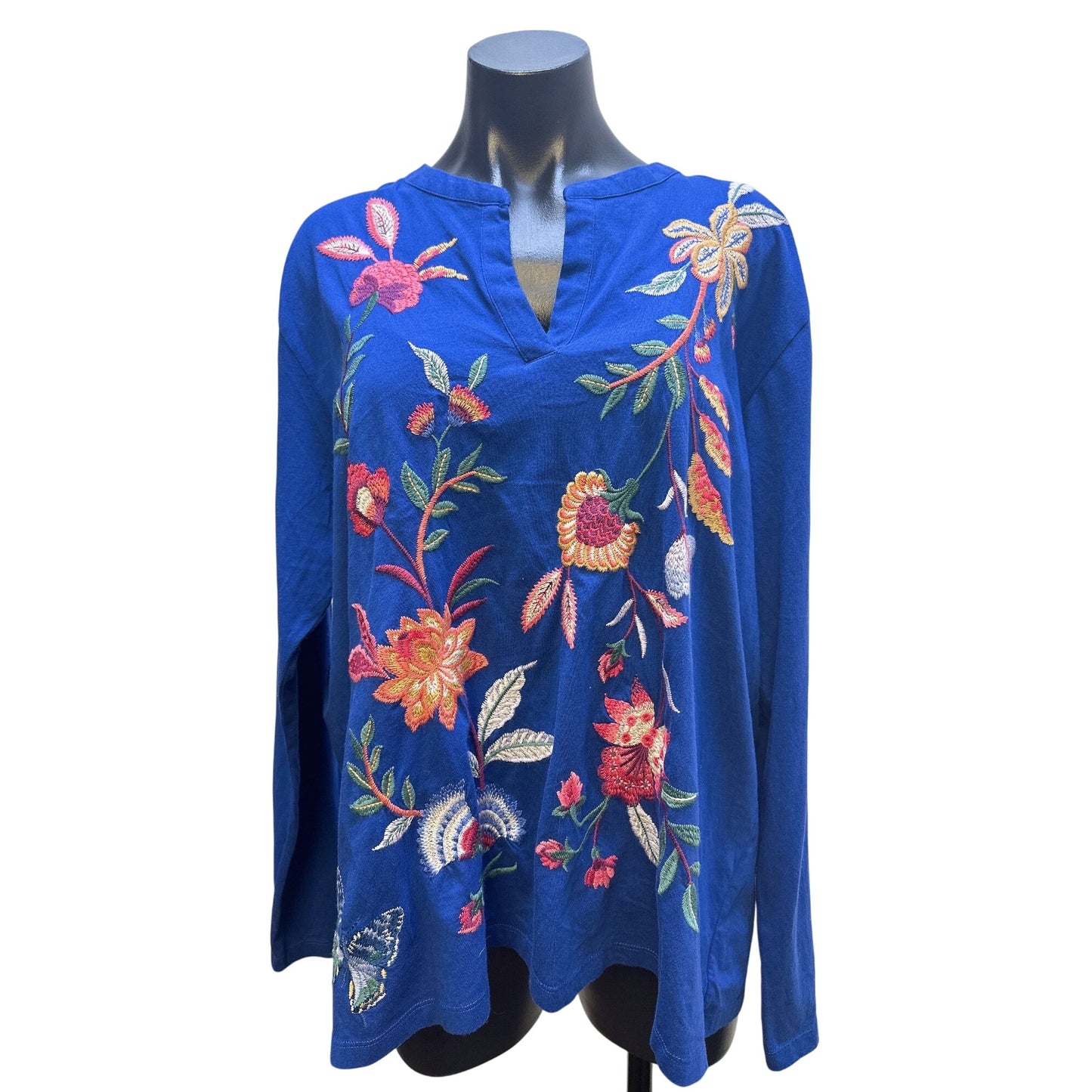 NWT Johnny Was Blue Colorful Embroidered Floral Long Sleeve Size XL