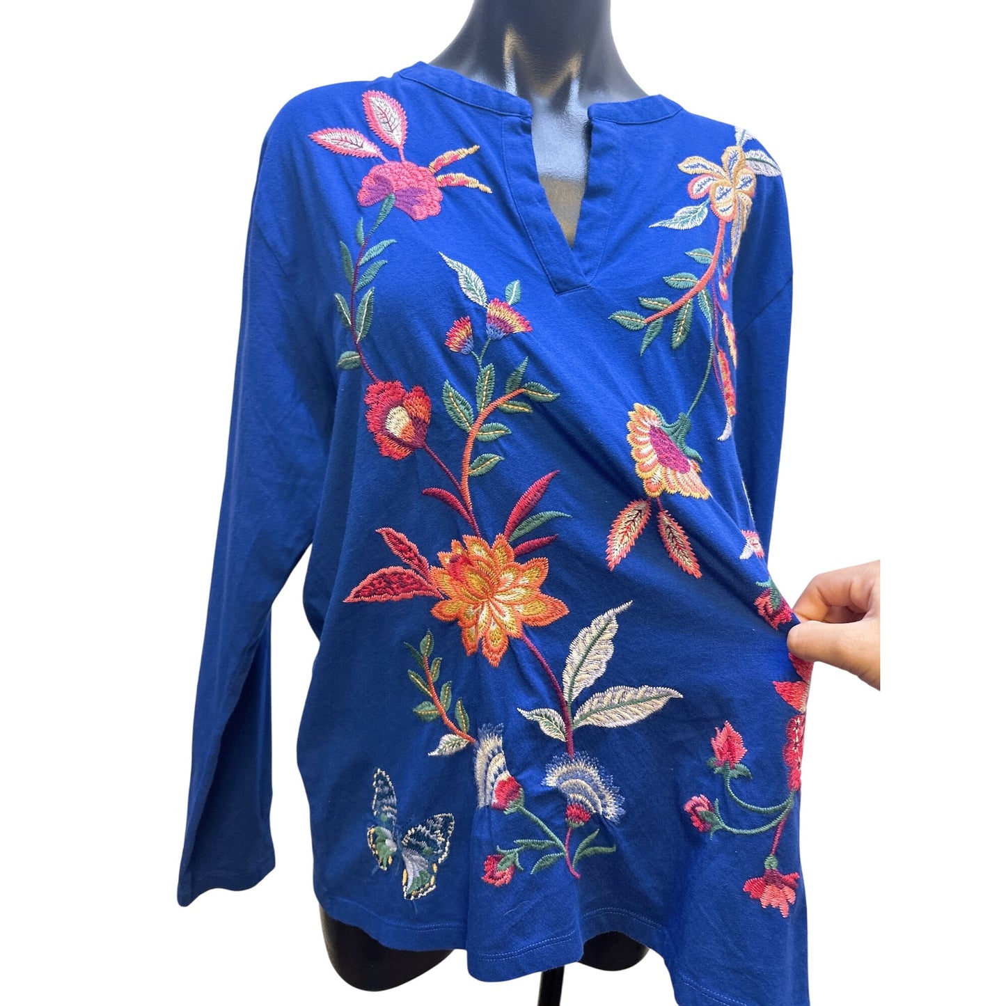 NWT Johnny Was Blue Colorful Embroidered Floral Long Sleeve Size XL