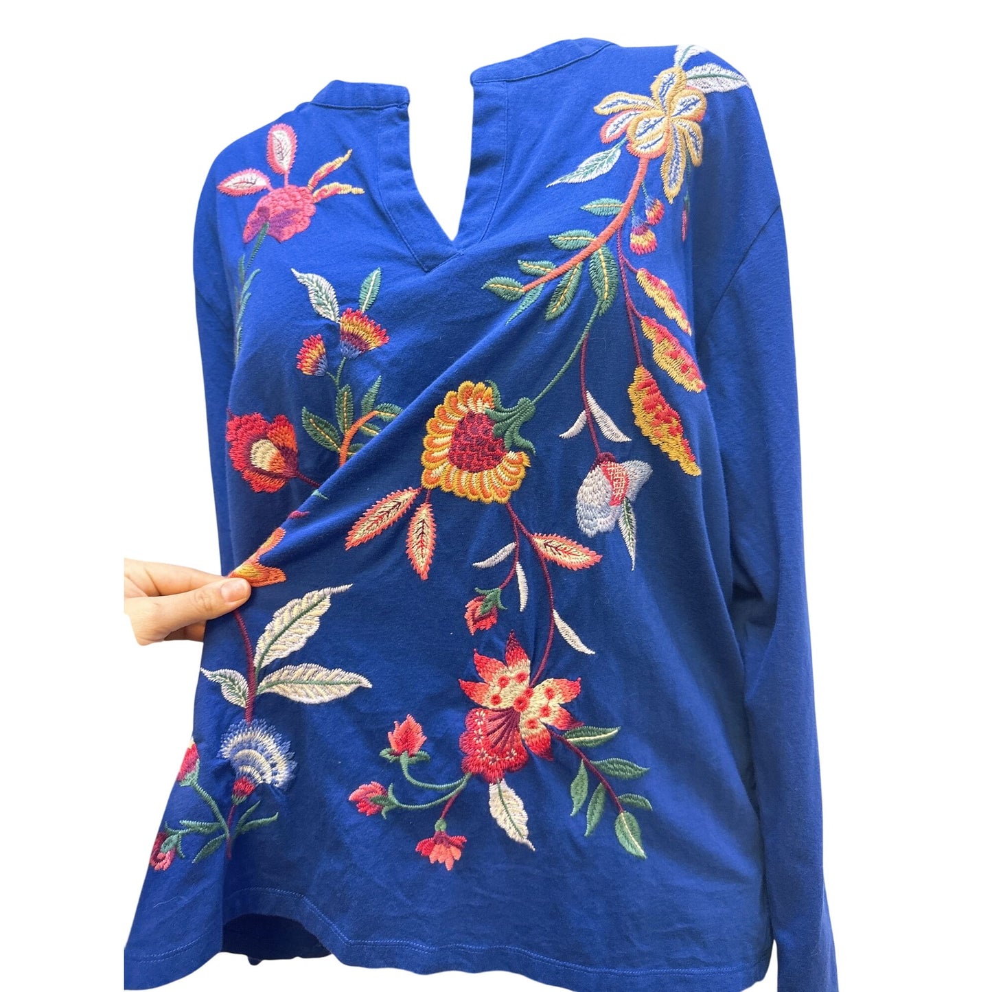 NWT Johnny Was Blue Colorful Embroidered Floral Long Sleeve Size XL