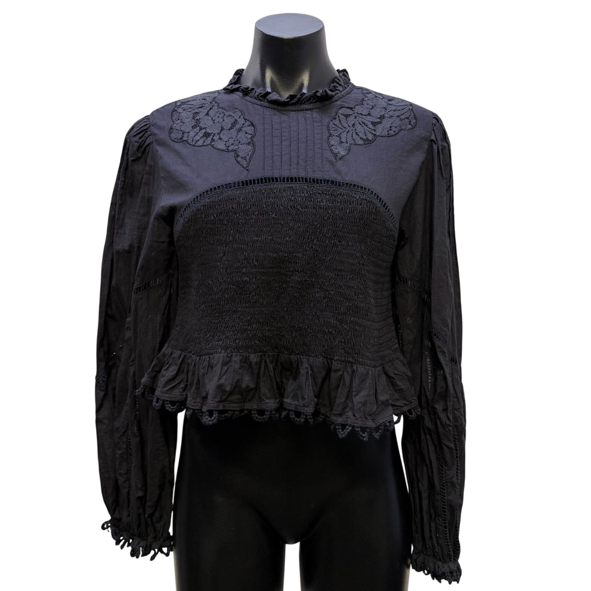 Farm Rio Black Smocked Long Sleeve Blouse With Lace Details M