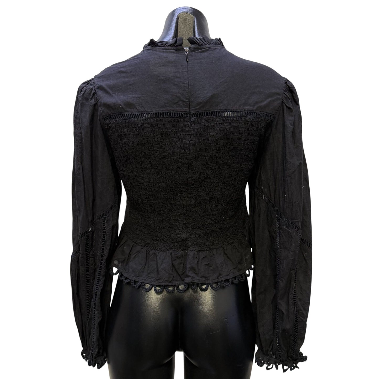 Farm Rio Black Smocked Long Sleeve Blouse With Lace Details M