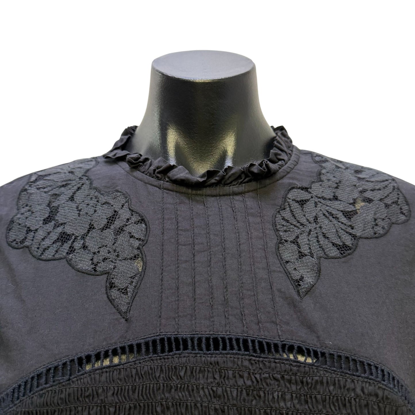 Farm Rio Black Smocked Long Sleeve Blouse With Lace Details M