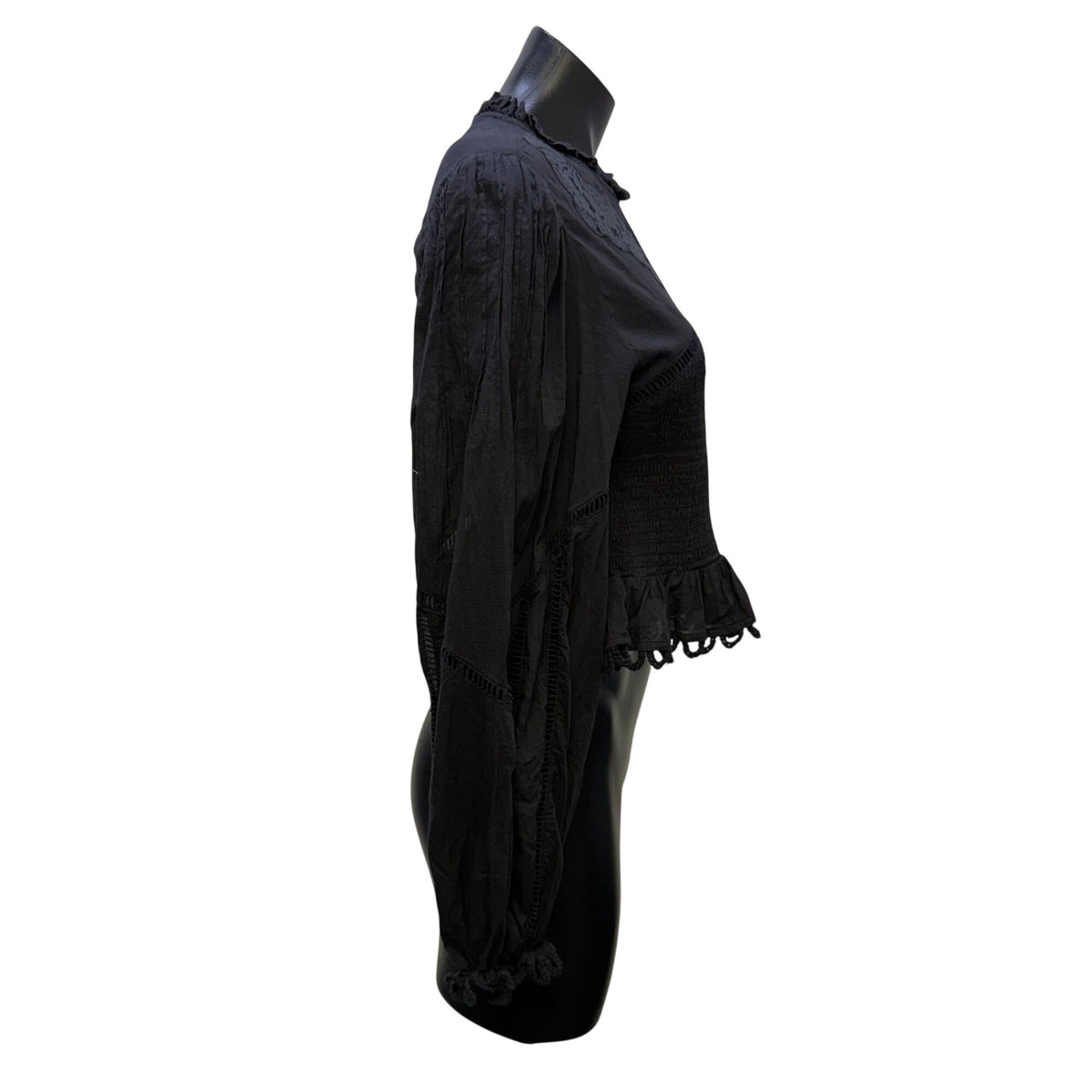 Farm Rio Black Smocked Long Sleeve Blouse With Lace Details M