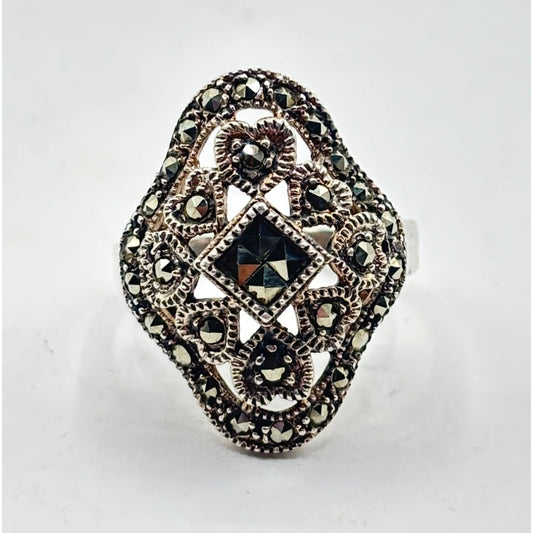 Antique Style Sterling Silver Marcasite Scalloped Heart Cutout Ring Size 8