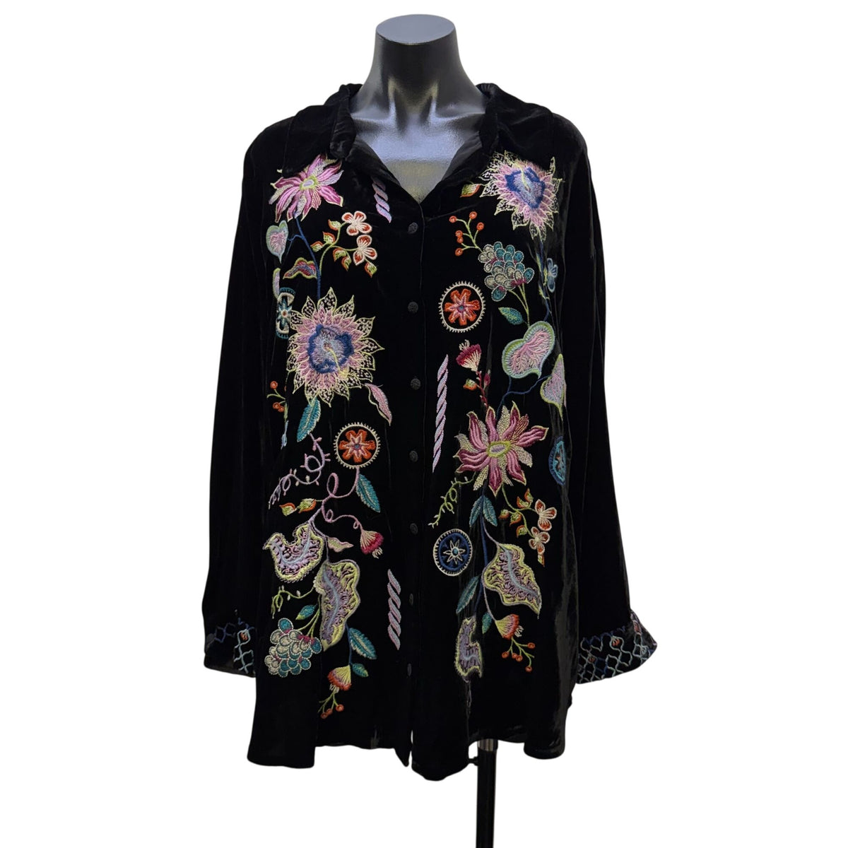 Johnny Was Black Velvet Floral Embroidered Button-Down Blouse 1X