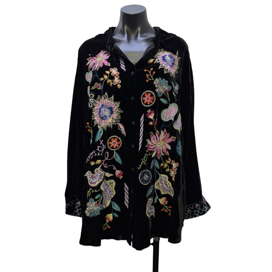 Johnny Was Black Velvet Floral Embroidered Button-Down Blouse 1X